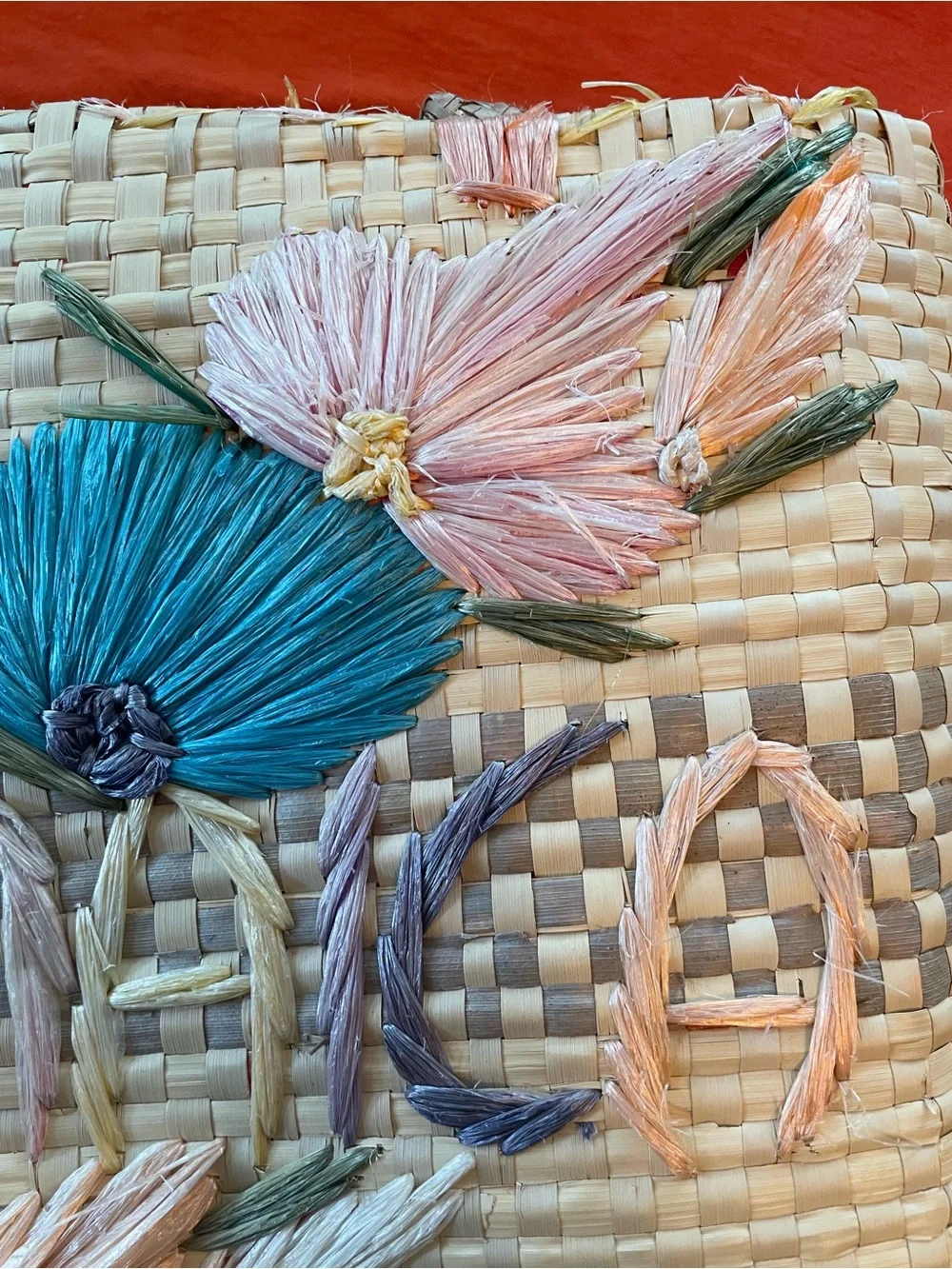 Vintage Raffia Satchel with Multicolor Floral “Jamaica” Straw Embroidery